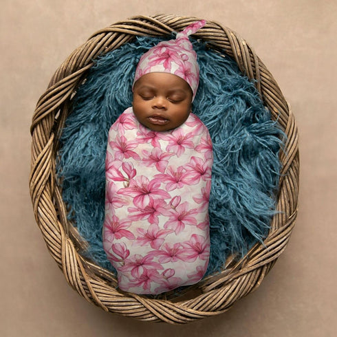 Sets Azalea Flowers Newborn Swaddle Blankets Hat Soft Baby Receiving Blanket Swaddle Sack for Baby Shower Infant Boy