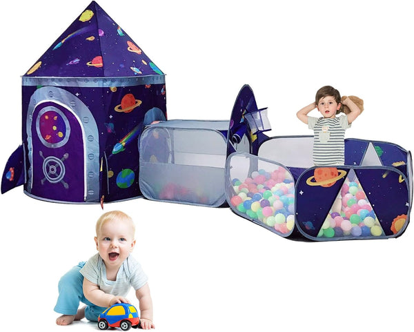 3pc Space Ship Kids Play Tent, Crawl Tunnel, Ball Pit for Toddlers, Indoor Outdoor Playhouse for Ages 3-7