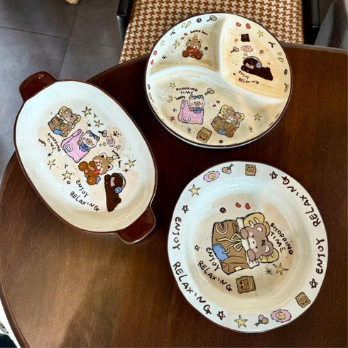 ESTINTENG -8 inch Cute cartoon bear ceramic bowl home high grid dish hand-held bathtub bowl