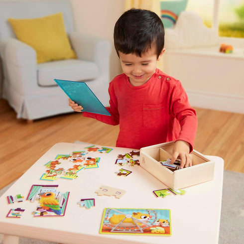 B. toys Pack o' Puzzles 3-Pack - Wooden Puzzle Box Set with 12 Puzzles: Pets, Dinos & Trucks for Kids 3 Years +