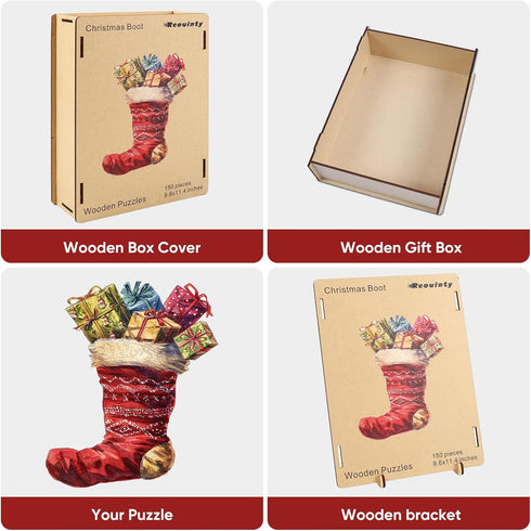 Wooden Puzzle for Adults - Christmas Boots Wooden Jigsaw Puzzles (150 pcs) - Beautiful Puzzle with Box