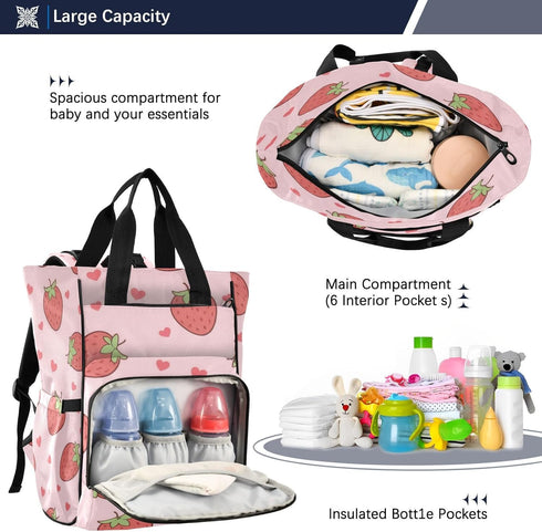 YANENDIE Backpack, Backpack Backpack Cute Pink Strawberry Diaper Bag Unisex Travel Baby Diaper Bags with Stroller