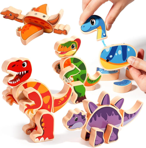 INIFEIDALA Magnetic Wooden Dinosaur Building Blocks, Take Apart STEM Montessori Educational Toy,