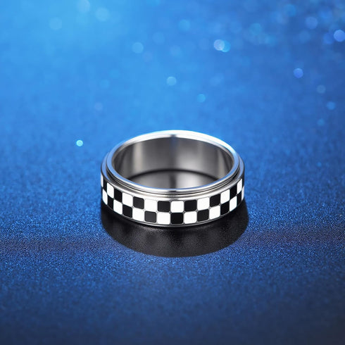 18K Checkered Fidget Spinner Ring for Adults, Gold Plated Stainless Steel Rotating Anxiety Relief Jewelry Gift