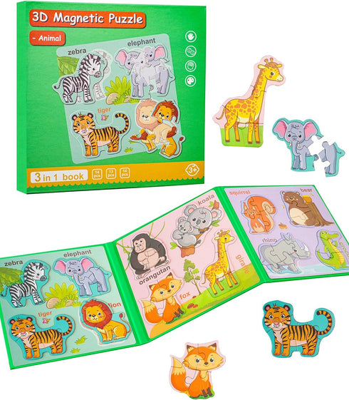 Animal Activities Toy Wooden Jigsaw Puzzles Book for Boys & Girls 2-4, Magnetic Puzzles for Toddlers 1-3, Travel
