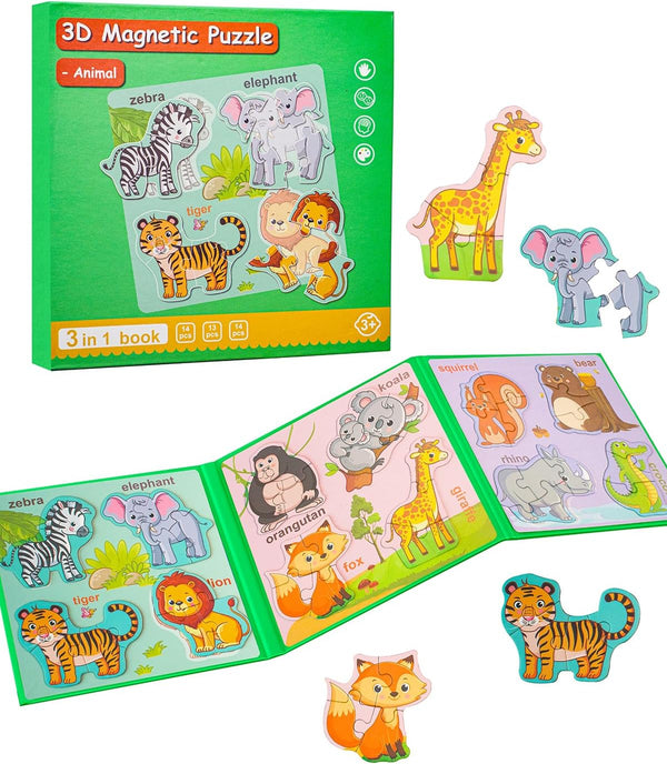 Animal Activities Toy Wooden Jigsaw Puzzles Book for Boys & Girls 2-4, Magnetic Puzzles for Toddlers 1-3, Travel