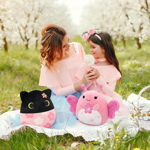 Spring Stuffed Animal Black Cat Plush,Soft Sakura Cat Plush with Sakura Embroidery on Head,Spring Plush Gifts for Kids