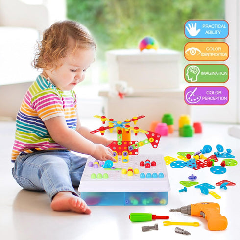 223 Pieces Creative Mosaic Drill Set for Kids - Toy Drill and Screwdriver Puzzle Kit for Ages 3-10