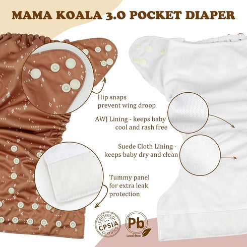 3.0 6 Pack 6 5-Layer Mama Koala Pocket Cloth Diapers for Babies with AWJ Lining, with Natural Cloth Diaper Inserts