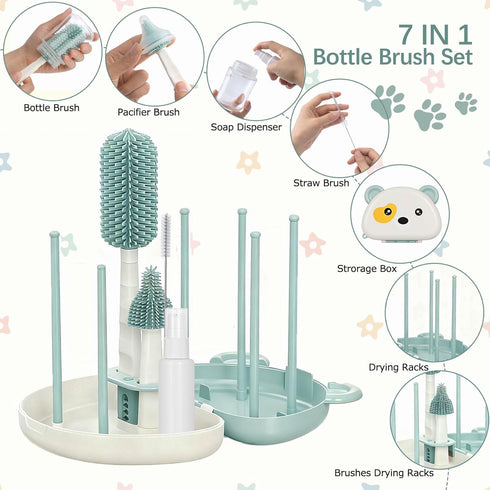 Set 7 in1 Baby Bottle Brush - Travel Bottle Cleaner Kit with Silicone Brush, Nipple Brush, Straw Brush, Bottle Drying