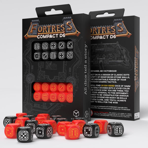 Fortress Compact D6: Black & Red by Q-Workshop, Dice for RPG Board Games, Ages 14+