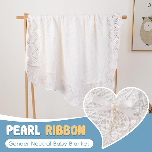 38X39 Booulfi Knit White Baby Blankets Neutral,Crib Stroller Newborn Blankets for Boys Girls,Cotton Lace Crochet Winter
