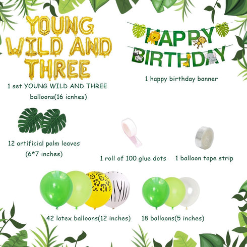 JOYMEMO Jungle Theme 3rd Birthday Decorations, Safari Balloon Garland with Wild Animal Foil Balloons and Banner
