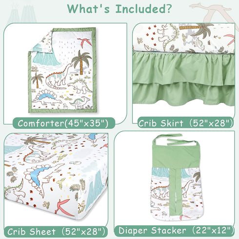 Set 4-Piece Set Set-Fits 52x28 inch SWESEN Dinosaur Crib Bedding for Boys, Crib Includes Quilt, Fitted Sheet, Skirt