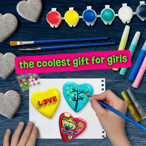 THE SCHOLAR ANT 4-12 Set Hearts Rock Painting Kit for Kids Girls - Glow in Dark Art Supplies Ages - Complete STEM Craft