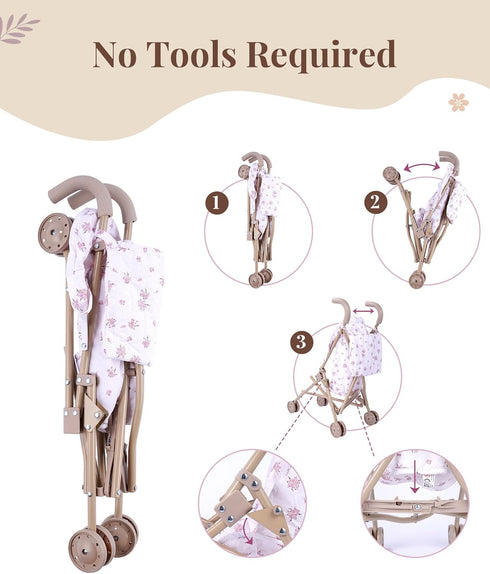 12-15 Inch 5 Set, 3+ BABESIDE One-Touch Baby Doll Stroller Sturdy & Durable for Dolls, Includes Pcs Accessories