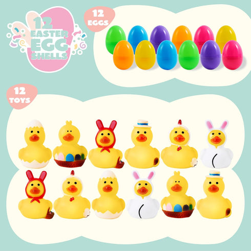 12 JOYIN Pcs Filled Easter Eggs with Rubber Duck, Eggs Hunt, Basket Stuffers Filler for Kids Party Favor, Classroom