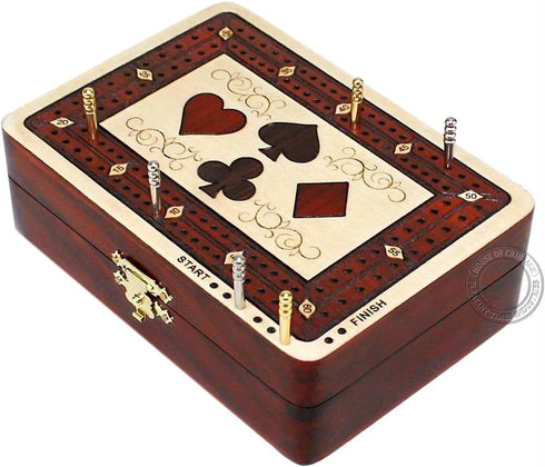 Wooden Cribbage Board/Box - 2 Track, Inlaid in Maple Wood/Bloodwood, Storage for Pegs & One Deck of Cards, 60 Points