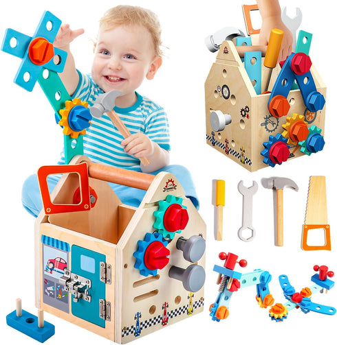 GAIETYDIY Toddler Tool Set - 33 PCS Wooden Kids Tools with Box/Bench/Tool