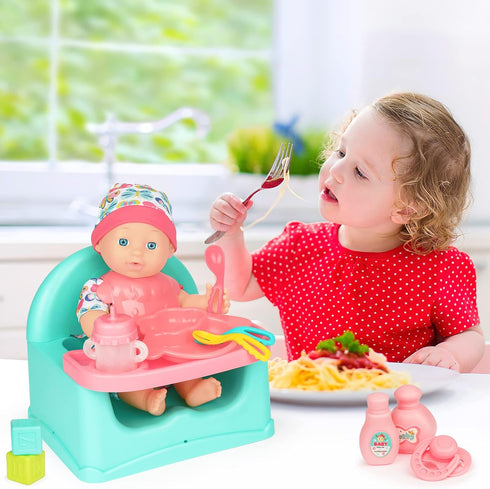 deAO Baby Doll Play Set, 25 PCS Accessories with Chair, Booster Seat, High Crib Toy, Toilet, and Bathtub