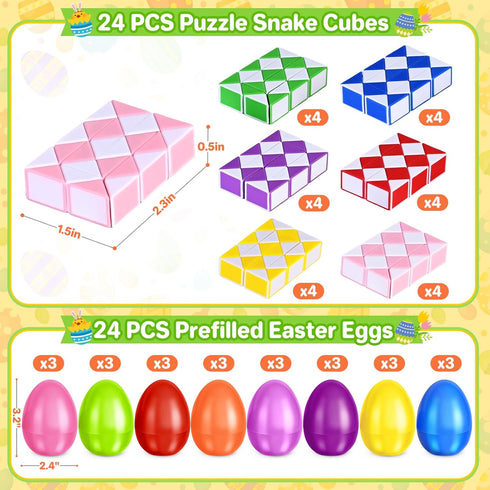 24 Pack Prefilled Easter Eggs with Snake Twist Toys, Blocks Fidget Toys Easter Gifts for Easter Hunt, Basket Stuffers