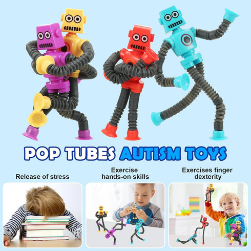 4 Pack Telescopic Robot Suction Cup Toy, Stress Relief Sensory Toys, Pop Tubes ADHD Autism for Kids Gifts, Top Toddler Travel Toys Classroom Prizes Goodie Bag Stuffers