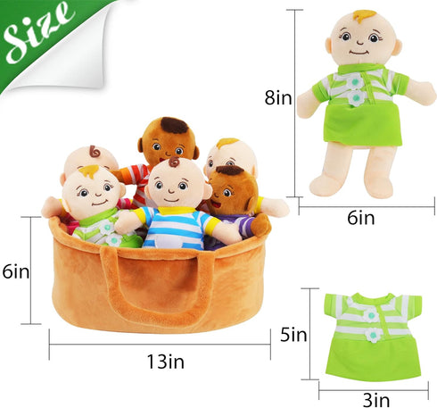 8" 6 Set Basket of Babies Plush Dolls, Plush Diversity Baby Dolls- Piece Interchangeable Clothes Stuffed Plush Figures