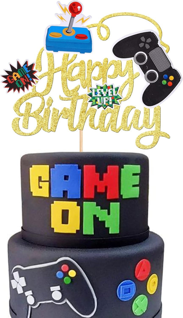 1 PCS Glitter Video Game Cake Topper GamePad Happy Birthday Cake Pick for Kids Boys Girls Baby Shower Theme