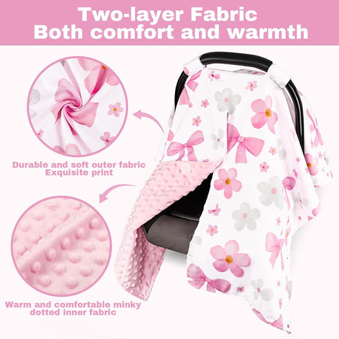 Hooyax Peekaboo Car Seat Cover for Baby Girl - Warm Minky Carseat Canopy with Adjustable Opening, Universal Fit