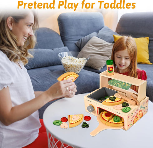 Counter Playset 3+ Wooden Pizza Toy, Wooden Pizza with Bake Oven, Montessori Pretend Play Toys, Play Food