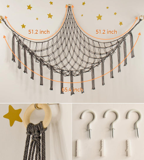 Large Stuffed Animal Storage Hammock Net - Toy Organizer Holder for Baby Nursery Room Decor - Grey