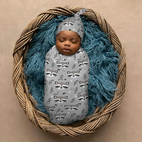 Sets Cute Raccoon Doodle Gray Newborn Swaddle Blankets Hat Soft Baby Receiving Blanket Swaddle Sack for Baby Shower