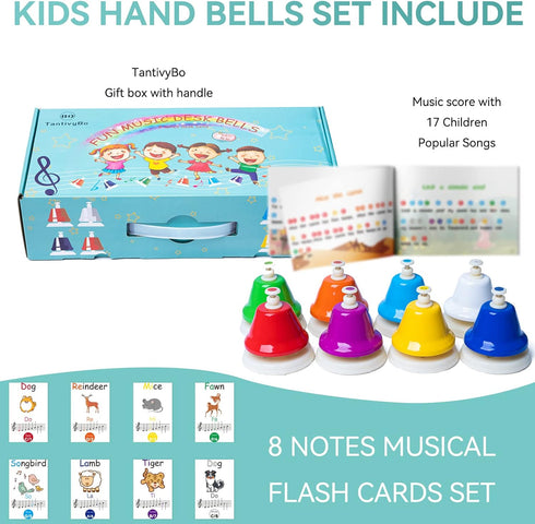 Desk Bells, Rainbow Diatonic Hand Bells for Kids with 17 Songbook & Musical Flash Cards, Toddler Learning Toys