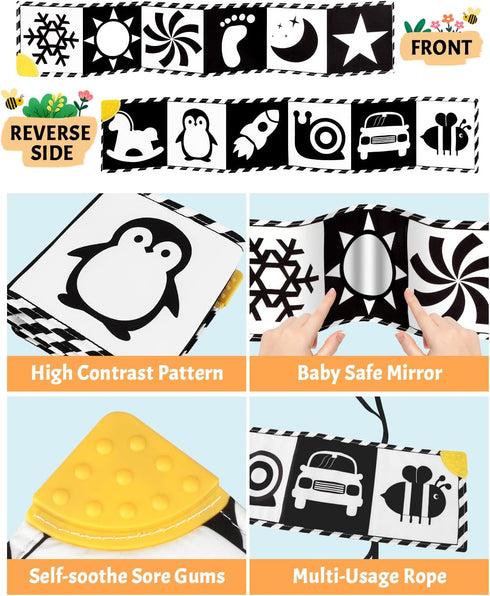 0-6-12 Tummy Baobrava High Contrast Baby Toys, Black and White Newborn Toys for Brain Development, Soft Baby Books