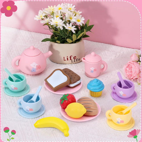 Set 27PCS Set 3 4 5 6 Silicone Tea Party for Little Girls,PRE-WORLD Toys Toddler Tea with Play Food Dessert