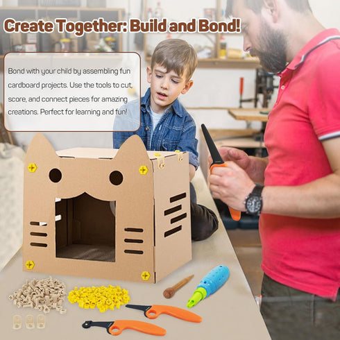 Cardboard Construction Kit for Kids, 425 Piece Crafting Activities, Inventable Cardboard Cutter with Building Tools