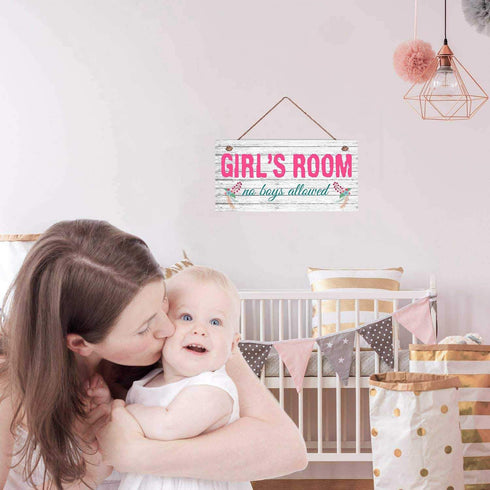 Girl's Room Sign - No Boys Allowed, 5" x 10" Nursery Decor Door Plaque Birthday Gift (E2-WH065)