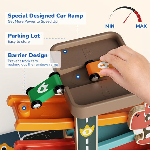 1 2 3 6 1-3 Montessori Car Ramp Toy for Toddlers Year Old Wooden Dinosaur Race Track with Cars & Parking Garage Kids