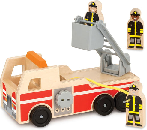 Melissa & Doug Wooden Fire Truck with 3 Firefighter Play Figures, Fire Truck Toys for Kids, Classic Wooden Toys