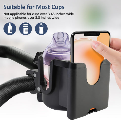360Rotatable Universal Stroller Cup Holder with Phone Holder, Bottle Holder with Strong Clip, Accessories for Stroller