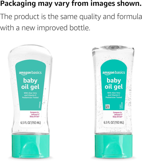 6.5 oz, Pack 1 Amazon Basics Baby Oil Gel with Aloe Vera & Vitamin E, Moisturizing, Fast Absorbing, No-Mess