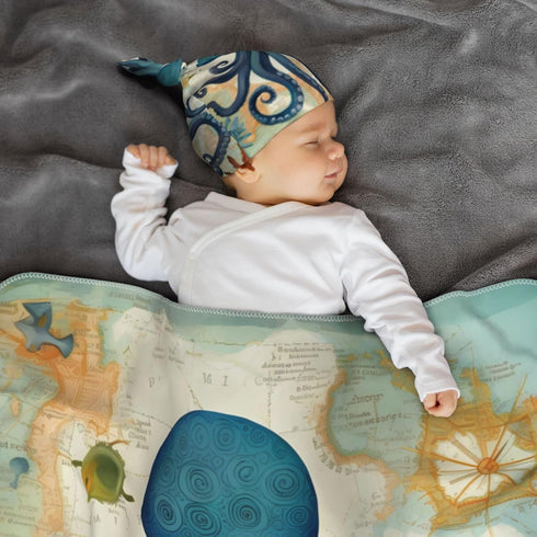 Map Octopus Sea Animals Baby Swaddle Blanket with Beanie Set, Newborn Receiving Blankets 35.4"X 35.4" for Infant Gift