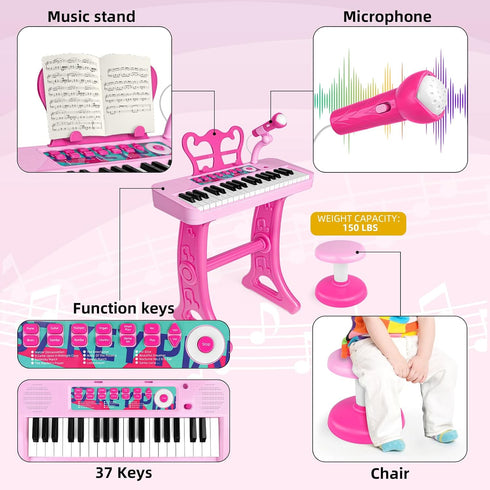 Amy&Benton 37 Keys Piano Toy for Girls 3-7, Birthday Gift with Stood, Pink Music Keyboard