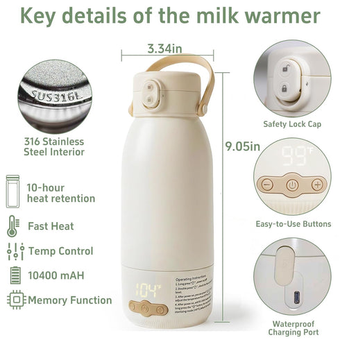 Kseyzhpa 95F -131F,17 OZ Portable Bottle Warmer for Travel, Fast Heating Milk Warmer On The Go,Temp Control Water