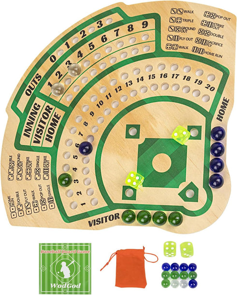 WodGod Baseball Board Game,Baseball Dice Board Game,Solid Wood,12 Colourful Beads and Dice,Manual