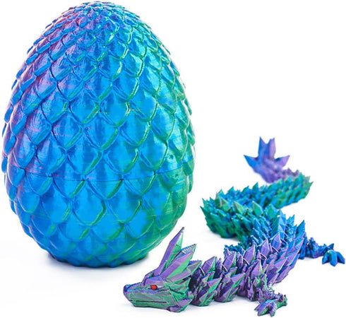 3D Printed Dragon Egg Toy - 12" Crystal Articulated Dragon with Eyes, Collectible Decor