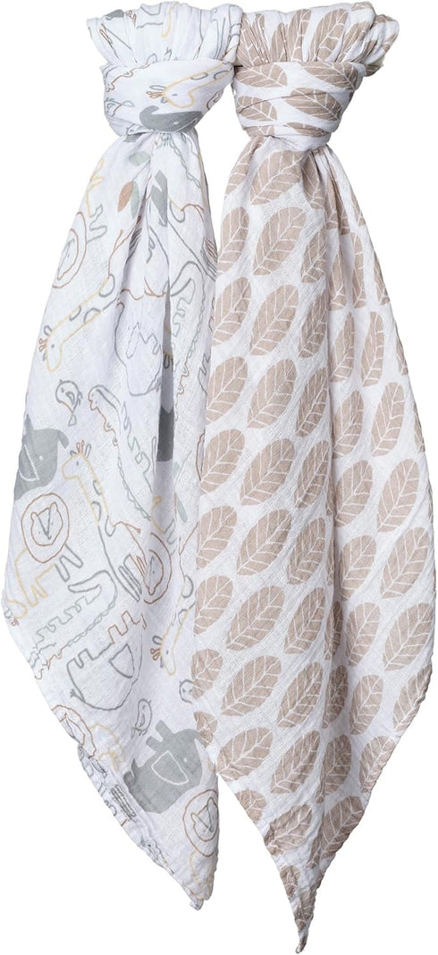 100% 2 Pack Lambs & Ivy Jungle Story Cotton Muslin Safari Swaddle Blankets