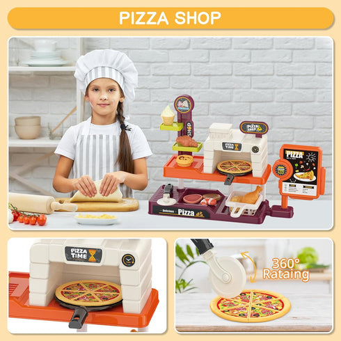 Set Playset deAO Pretend Play Store Pizza Play for Kids, Realistic Pizza Pie Pretend Play Food,Slice and Serve Plastic