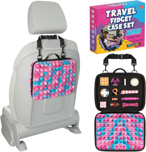 Travel Fidget Case Set - 12 Fidget Toys, Road Trip Activities for Kids, Sensory Toys for Long Trips (Pink)