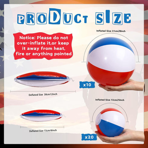 Zhanmai 30 Pcs Patriotic Beach Balls, Red White and Blue Inflatable Balls for 4th of July Party Favors, 4-5 Inch and